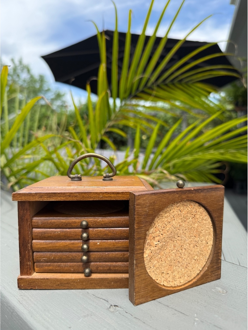 Vintage Wooden Coaster Holder Set with 6 Cork Coasters | Mid Century Barware